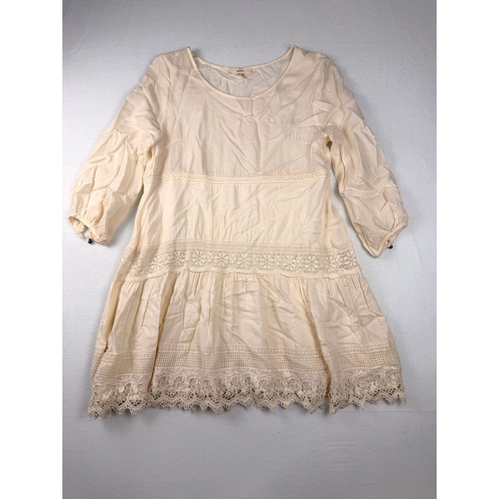 Entro Women Cream Crochet Lace Tiered Mini Dress Boho 3/4 Sleeve Small Fairycore
